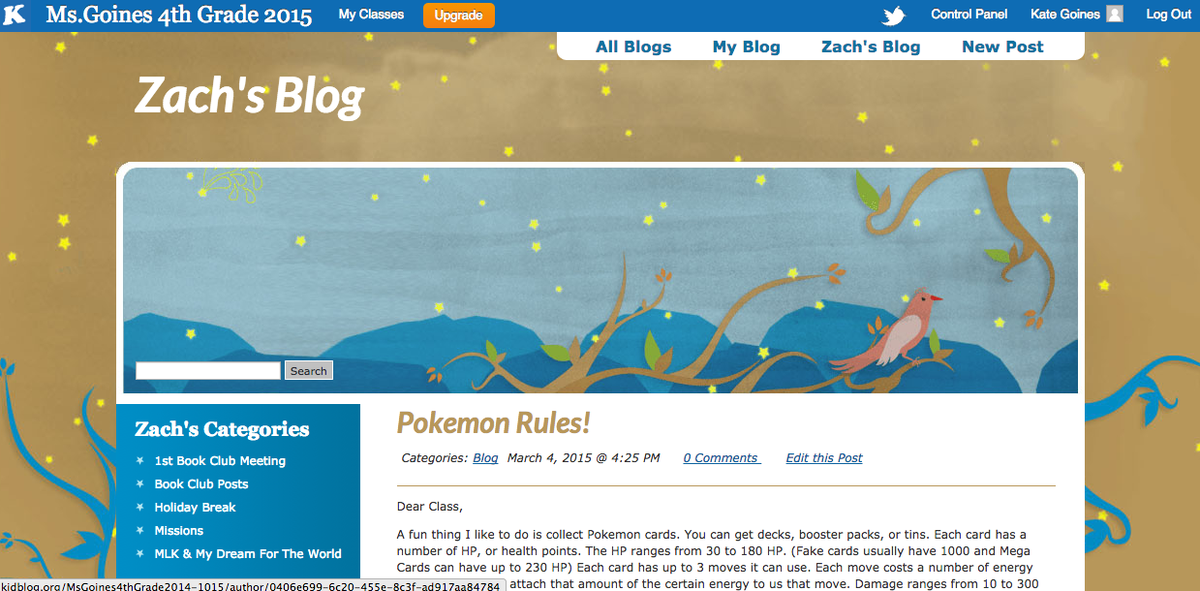 KateSGoines's tweet photo. Blogging on our class site about favorites. We love Kidblog! #LASDk8 #PLlasd http://t.co/vo9OBmC456