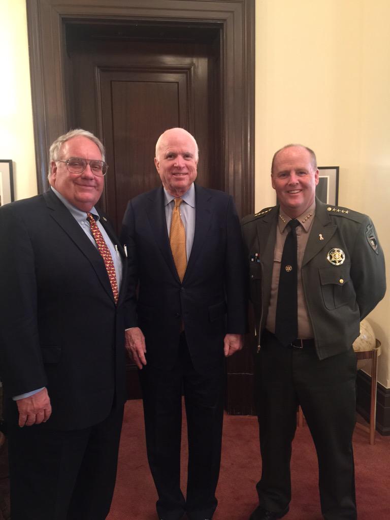 SenJohnMcCain's tweet image. Good seeing Howard Buffett &amp;amp; Cochise Cnty #AZ Sheriff Dannels - great witnesses at #HSGAC hearing on border security!