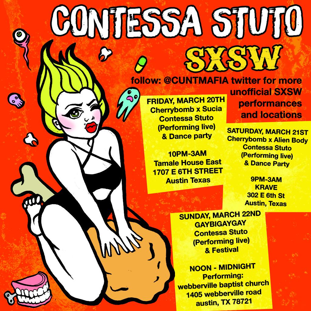contessa_stuto's tweet photo. My 3 OFFICIAL SXSW SHOWS W DJ @FRANCELESLIA &amp; DANCER @amerykahsmisfit #CUNTMAFIA #CHERRYBOMB #SXSW #CONTESSASTUTO http://t.co/7Q4LFUKSri