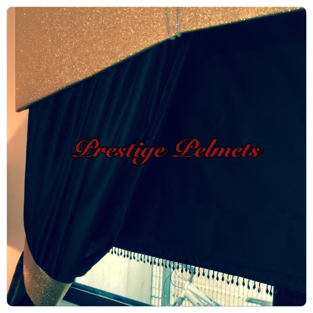 Barbies gold glitter pelmet. Handmade glitter tie back. Black satin roman blind with black bead trim #glitterpelmets