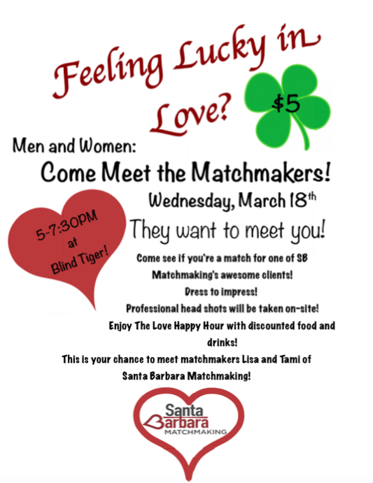 Don't miss your chance to meet your matchmakers tomorrow night at <a href="/blindtigersb/">Blind Tiger</a> from 5 - 7:30pm!