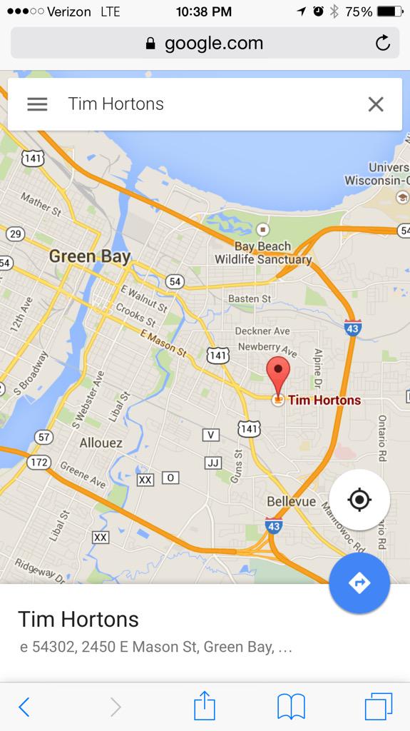 DoorCounty4001's tweet photo. @TimHortonsUS looks like there's a Tim's in Green Bay Wisconsin according to Google. It's not really there, plan? http://t.co/0RwkTjjkWE