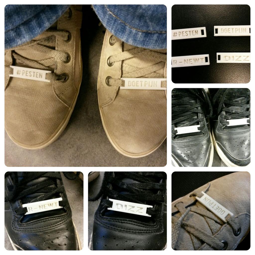 WesleyRnewt's tweet photo. Campagne #pestendoetpijn #rnewt idee jongeren: schoenlabels uit eigen #3dprinter  setje 1 euro te koop bij the Dizz. http://t.co/mO7UNeSElS