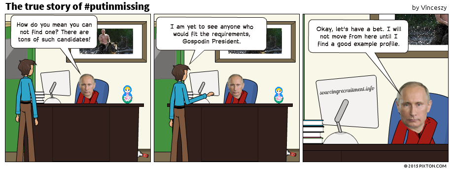 VinceSzy's tweet photo. True story of #putinmissing with a #recruitment twist. #PutinIsBack http://t.co/rlnxc4mjs6
