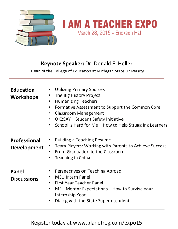 KDPatMSU's tweet photo. Registration for the I Am A Teacher Expo is now open! http://t.co/ReD8a0Pyfa http://t.co/INBkNE9BZY