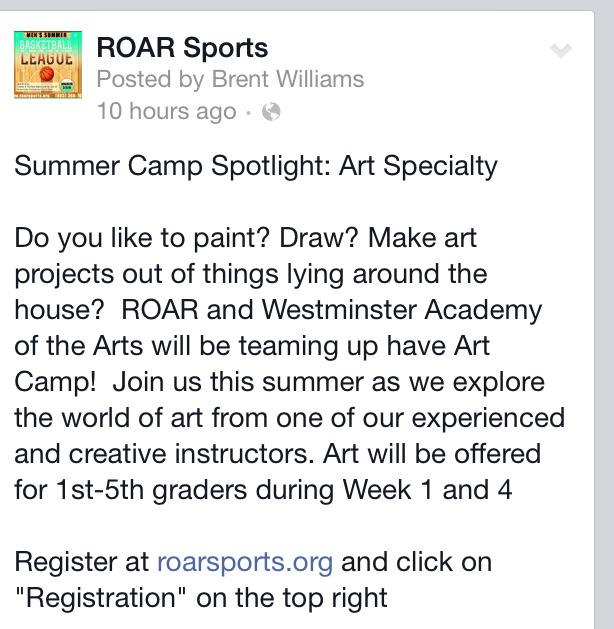 Roar_Sports's tweet photo. Did you know we are offering Art Camp this summer? We love to see you there!! http://t.co/w80PP5NPRq