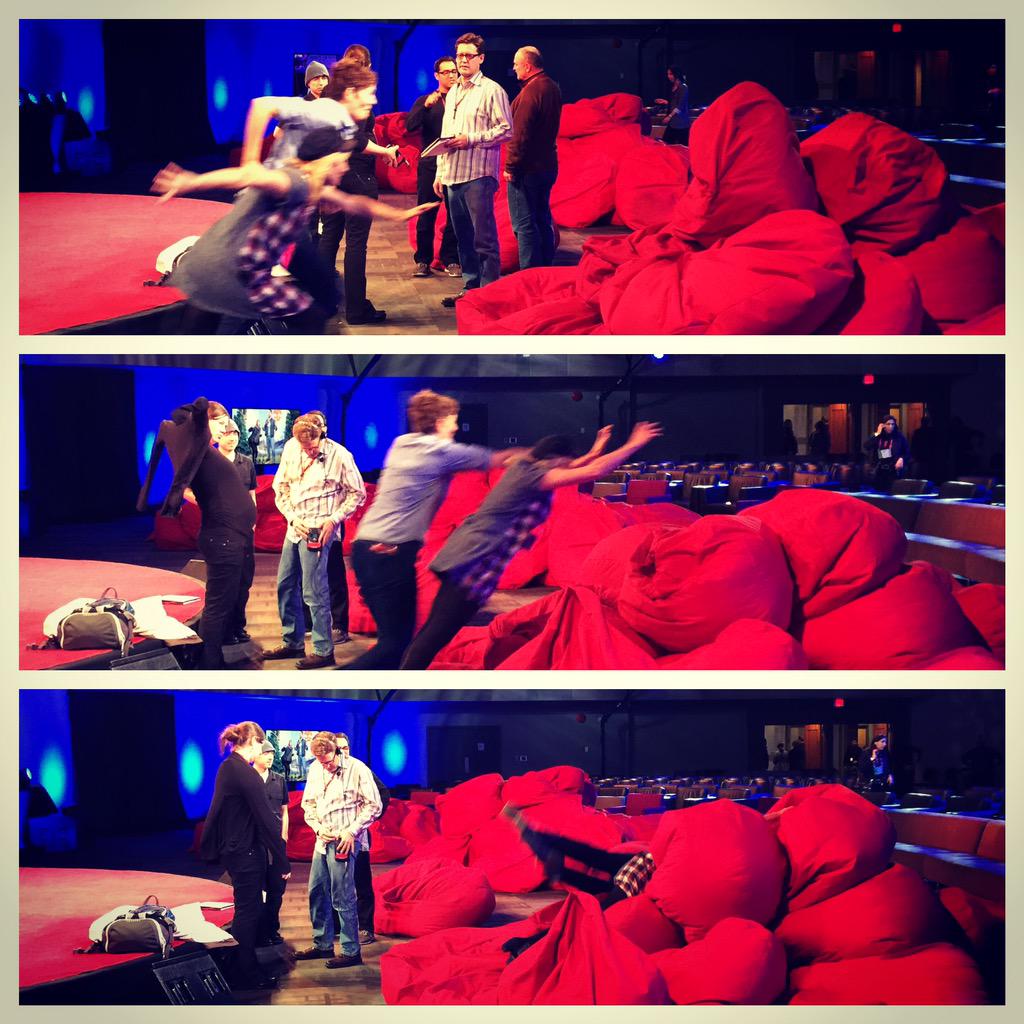 sallykohn's tweet image. Because what the hell else were @jillsobule and I gonna do with a giant pile of bean bag chairs?!? #TEDActive