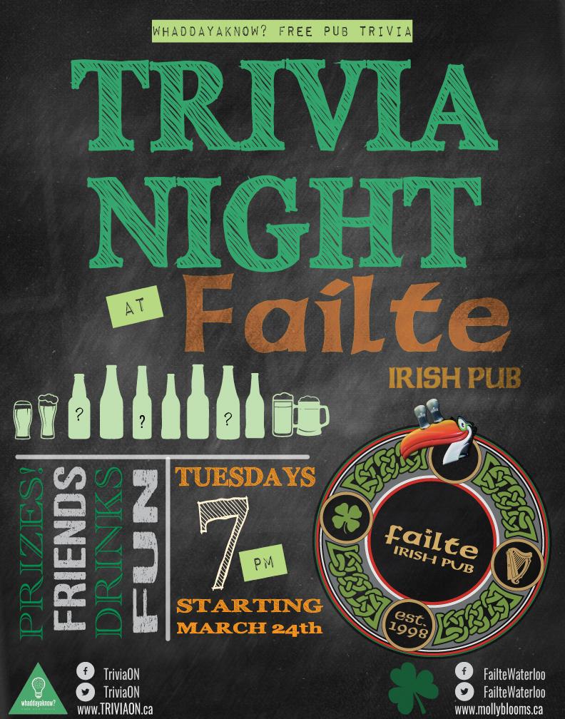TriviaON's tweet image. Have the #luck of the #Irish? Join us at #Failte #Waterloo for #trivia next #TriviaTuesday! Happy #StPatricksDay!