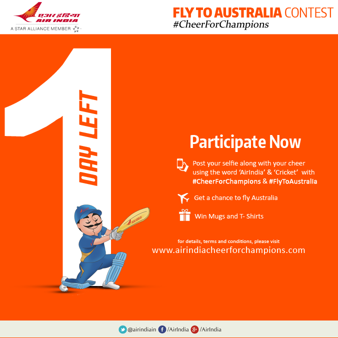 airindia's tweet photo. Last day to submit your entries for #FlyToAustralia contest.
Send us your selfies with a message.
#CheerForChampions http://t.co/WUOjmiquVF