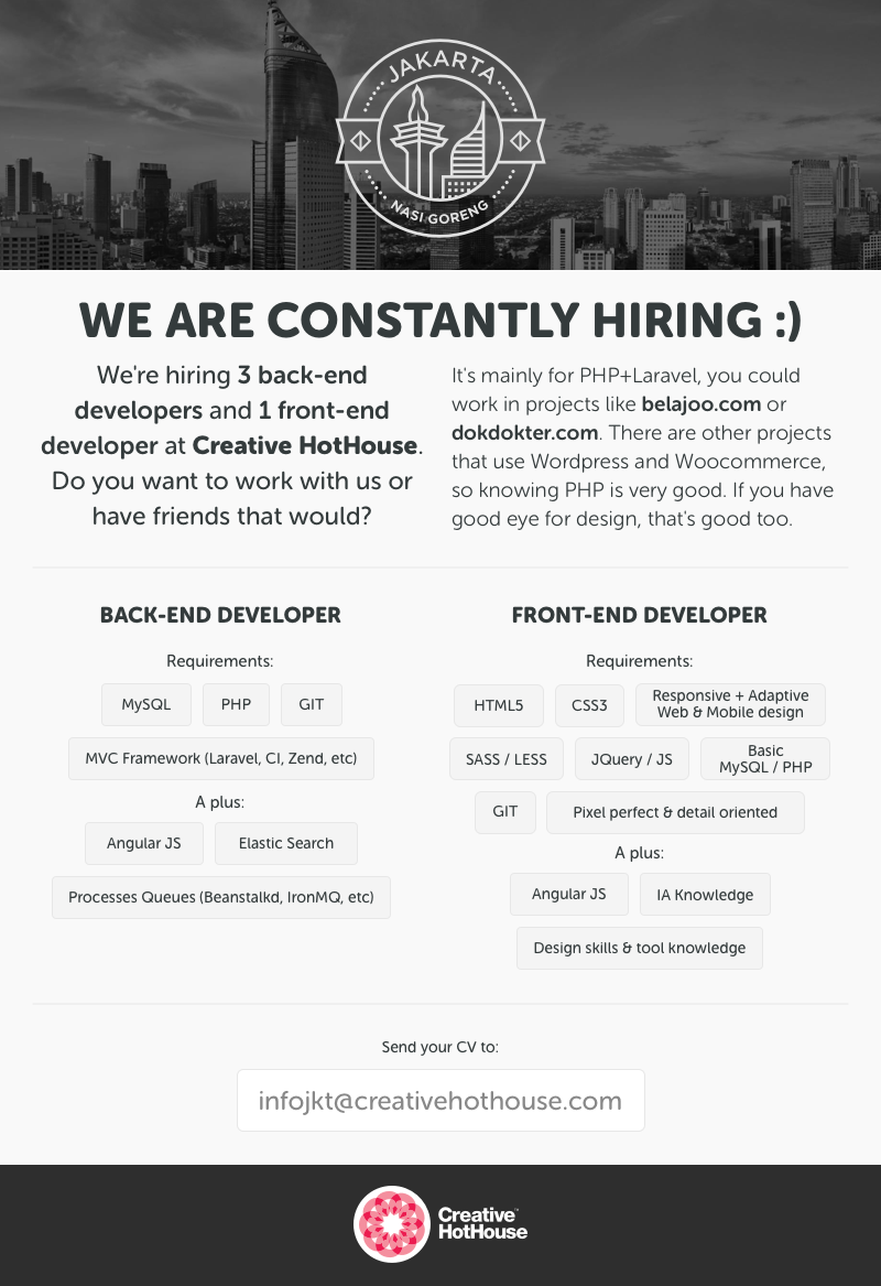 CHHTechnologies's tweet photo. Hi developers, we're hiring now! 
Please send your CV to infojkt@creativehothouse.com! #vacancy http://t.co/44oc2DEy5A
