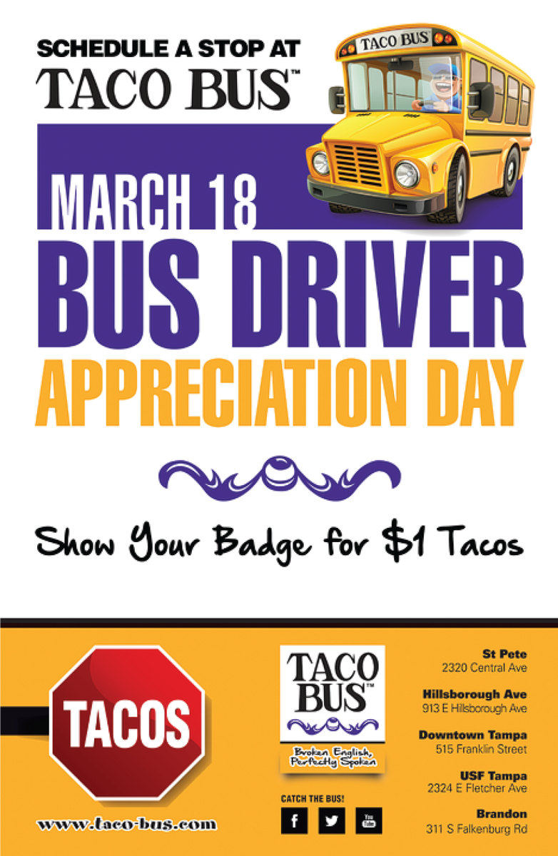 officialtacobus's tweet photo. Bus drivers, schedule your stop now! $1 Tacos at any #TacoBus with valid ID! #StopForTacos #BusDriverAppreciationDay http://t.co/irdLmSWker