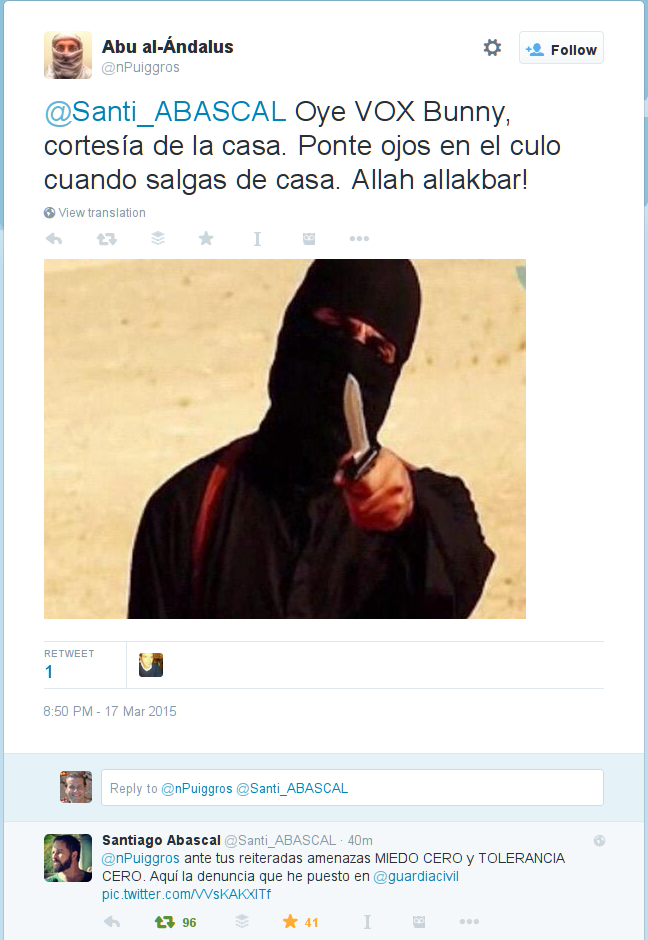 Vox_Almeria's tweet photo. Los terroristas islámicos acaban de amenazar de muerte a nuestro Presidente, @Santi_ABASCAL
#SinMiedo
#YoConSantiago http://t.co/Lz0XYyox64