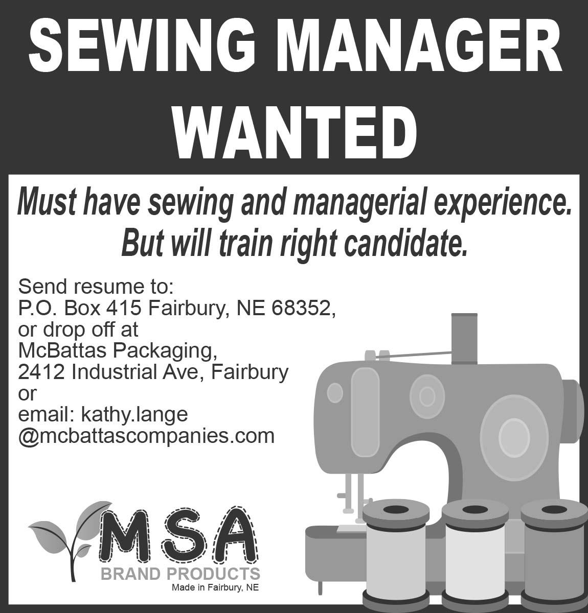 MSABrand's tweet photo. #HelpWanted #NebraskaJobs #Sewing #Manager #Nebraska #Classifieds #CommercialSewing #SewingJobs #Fairbury http://t.co/V7c3nJHbIf