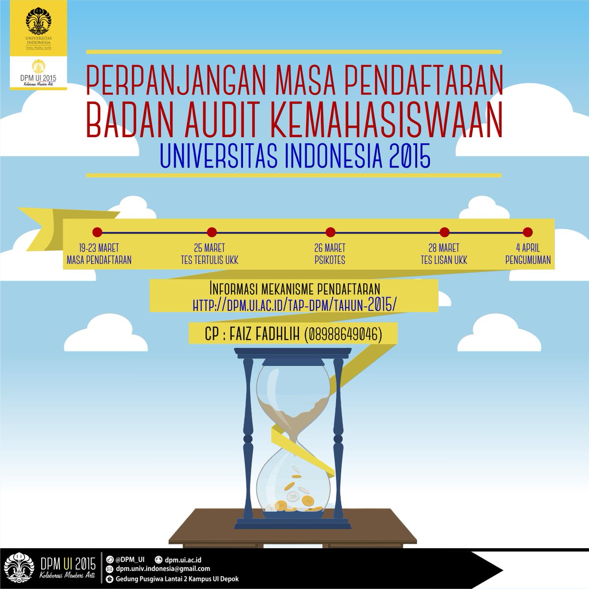 DPM_UI's tweet photo. masa pendaftaran Badan Audit Kemahasiswaan 2015 telah diperpanjang hingga 23 Maret 2015 http://t.co/FBx4sXdAN7