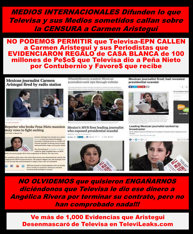 TelevisaDespoja's tweet photo. Prensa Intl #EndefensadeAristegui3 DENUNCIA DESPIDO d Carmen X EVIDENCIAR contubernio Televisa EPN en #CasaBlanca Y+ http://t.co/1C92mmTbCH