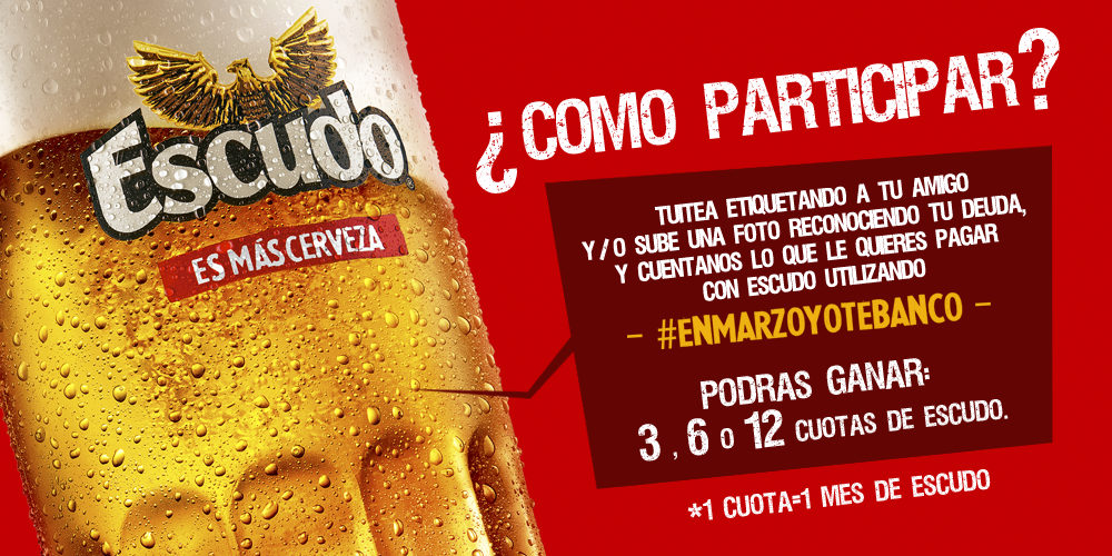 CervezaEscudo's tweet photo. [CONCURSO] ¡PAGA TUS DEUDAS CON ESCUDO! #EnMarzoYoTeBanco http://t.co/4xs1MOsHhn