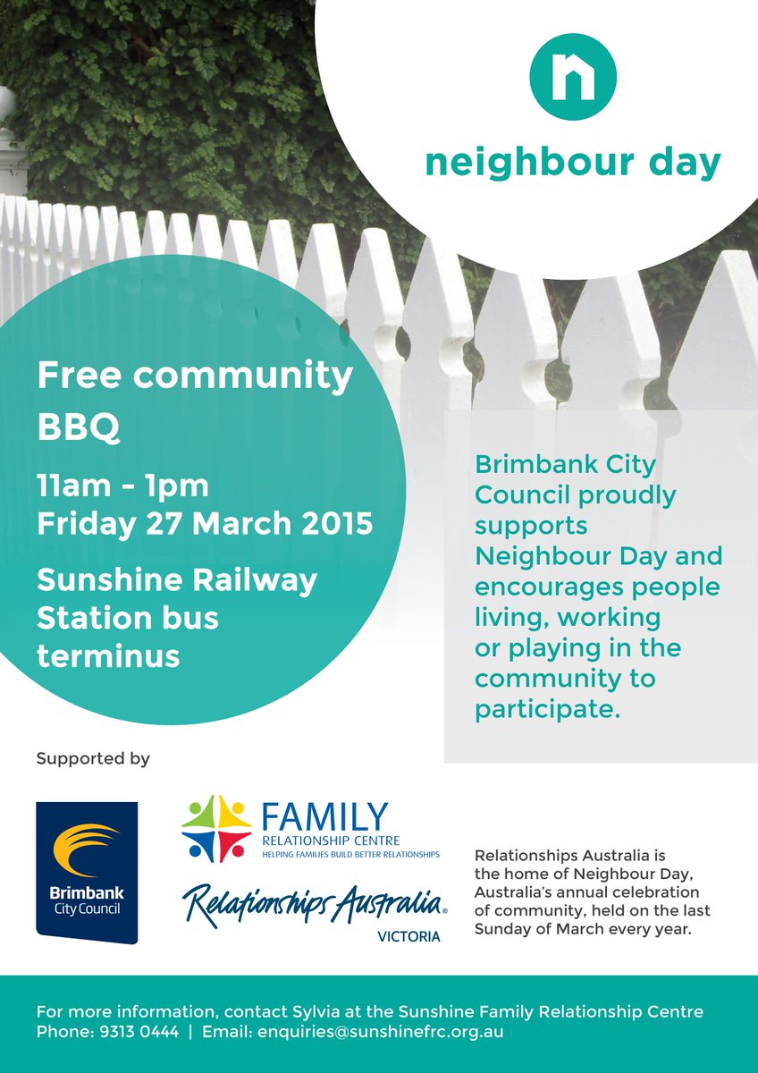 Join us &amp; @BrimbankCouncil tomorrow for a FREE @NeighbourDay BBQ! Sunshine Railway Station bus terminal 11am-1pm.