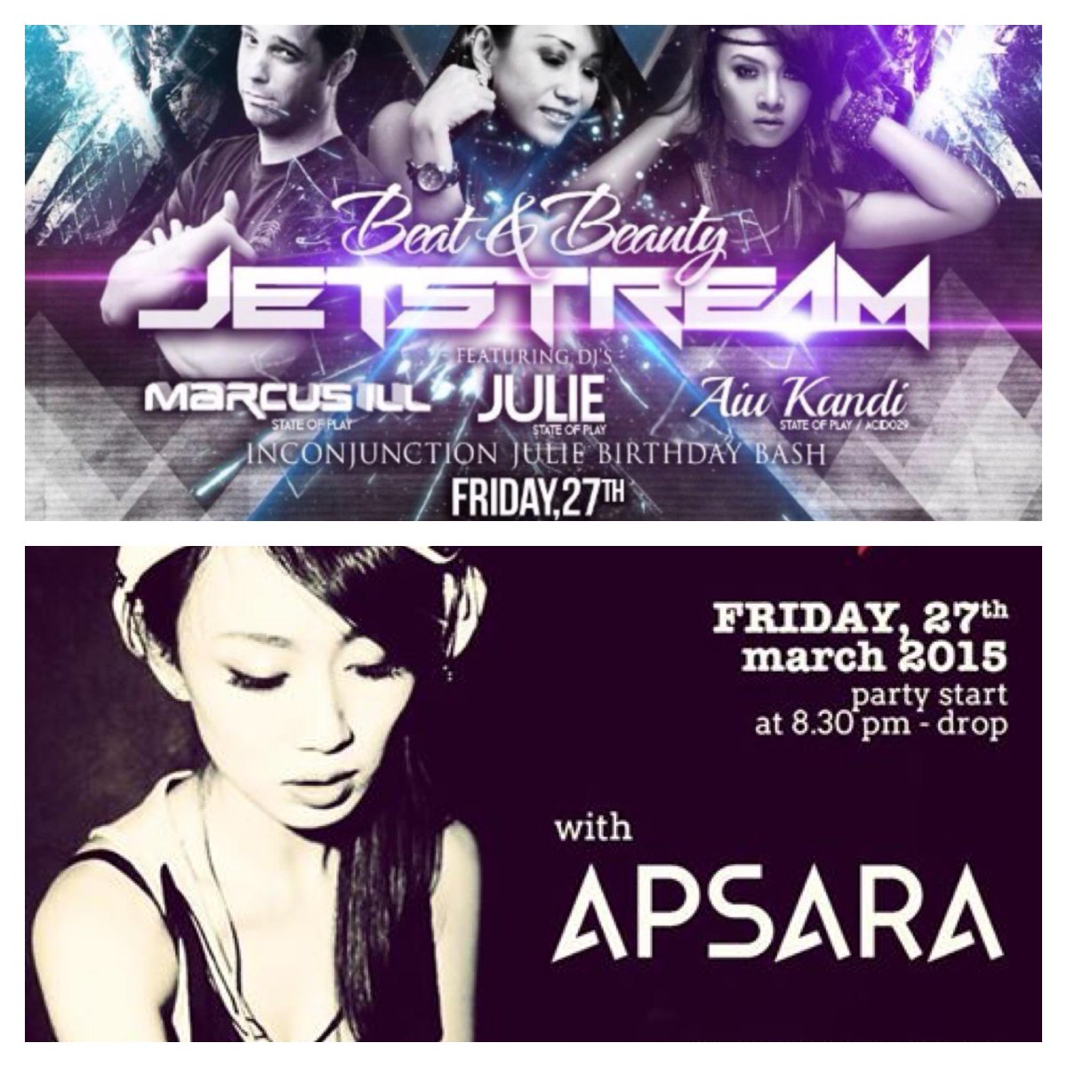 <a href="/SOP_StateOfPlay/">State Of Play</a> Friday 27 March: - <a href="/JulieWidjaja/">Julie 游莉 Widjaja/SOP</a> <a href="/DjMarcusiLL/">DJ Marcus iLL</a> <a href="/aiu_kandi/">AiuKandi S.O.P</a> at <a href="/NEBULAJakarta/">NEBULA Club Jakarta</a>
- <a href="/djAPSARA/">APSARA</a> @Scandal BSD