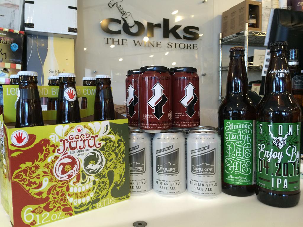 CorksWineStore's tweet photo. New brews in stock: @LeftHandBrewing Good Juju, @upslope Belgian Pale @AlmanacBeer IPA, @BigChoiceBrew hemlock!!! http://t.co/meHRLiBvDc