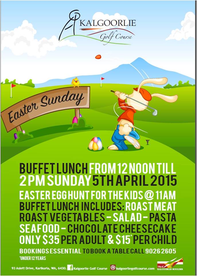 KalgoorlieGolf's tweet photo. Book your table now for Easter Buffet Lunch, Sunday 5th of April.
Phone 9026 2605  #kalgoorliegolfcourse #easter http://t.co/DkUwUNf28n