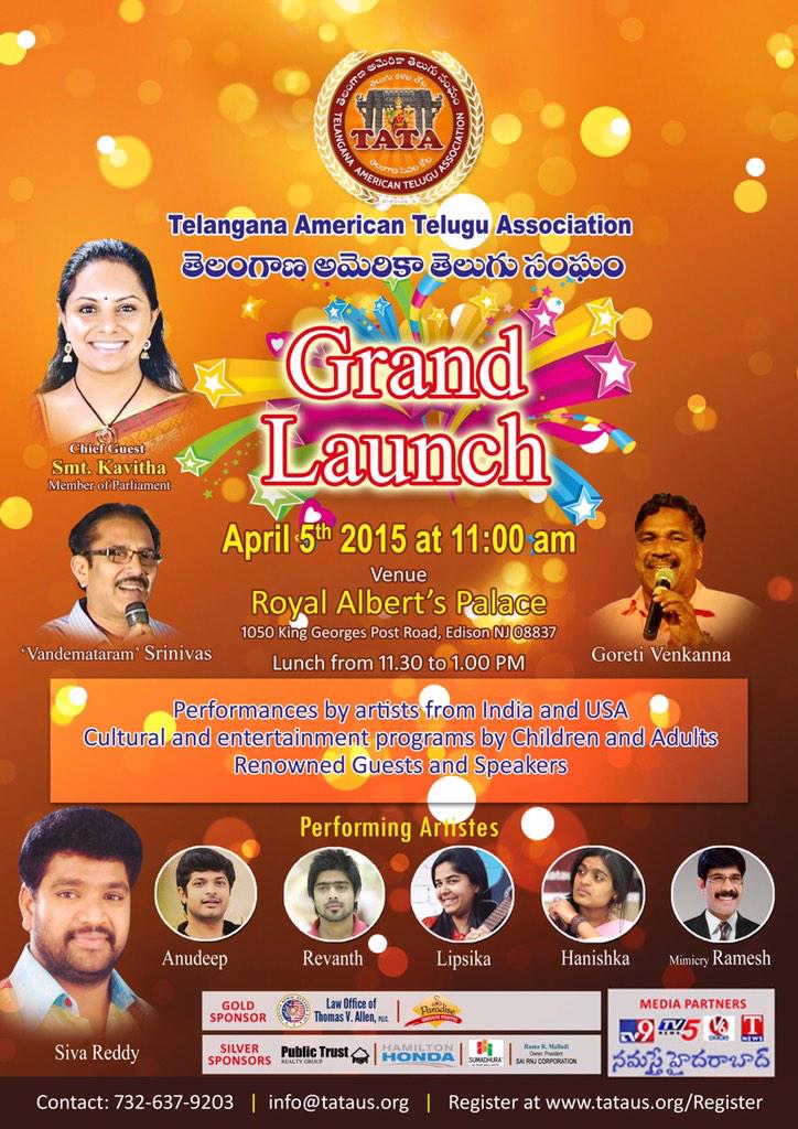 tataus15's tweet photo. First Telangana American Telugu Association Launch on 5th April 2015 at Royal Albert Palace, NJ. Please Attend. http://t.co/KoLfEDVmQf