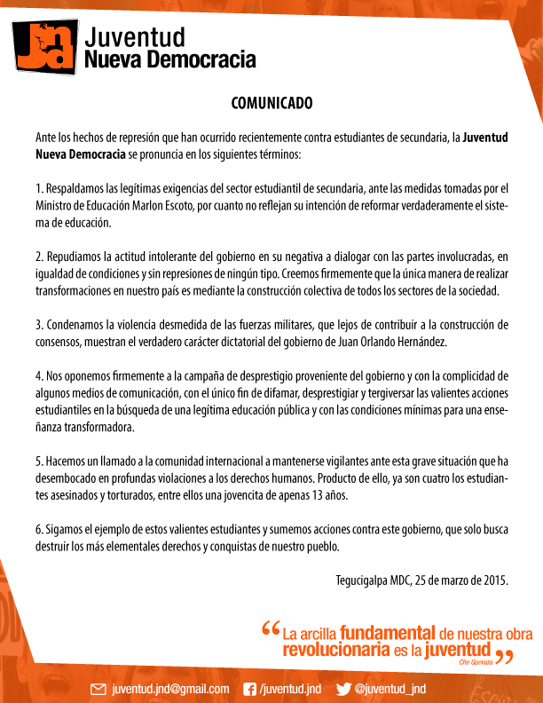 juventud_jnd's tweet photo. #JND COMUNICADO: Ante los hechos de represión que han ocurrido recientemente contra estudiantes de secundaria. http://t.co/bDoaKp3SdD