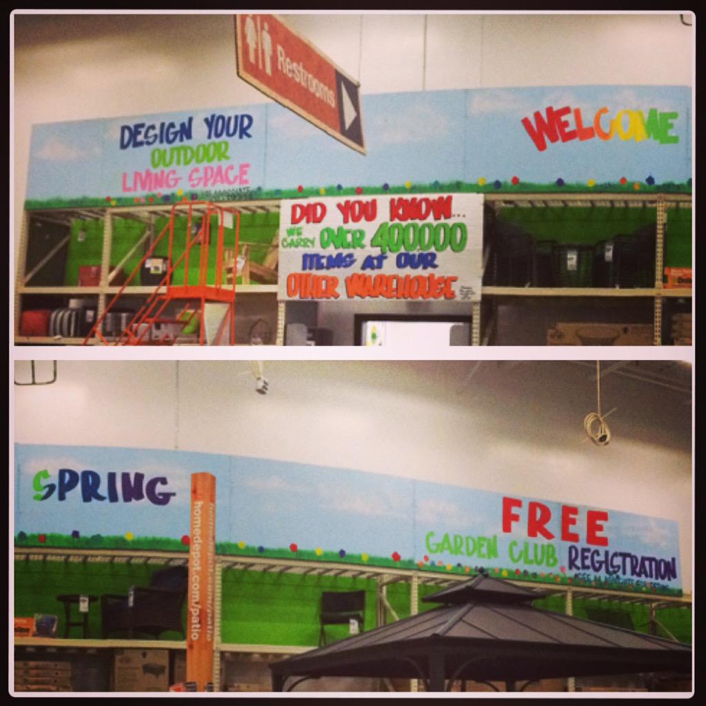 Boktors's tweet photo. @biackveivet24 made this 4ft x 64ft backdrop for the seasonal lay-down area #HomeDepot #Art #Signmaking #spring http://t.co/hMt4qPG6Mj