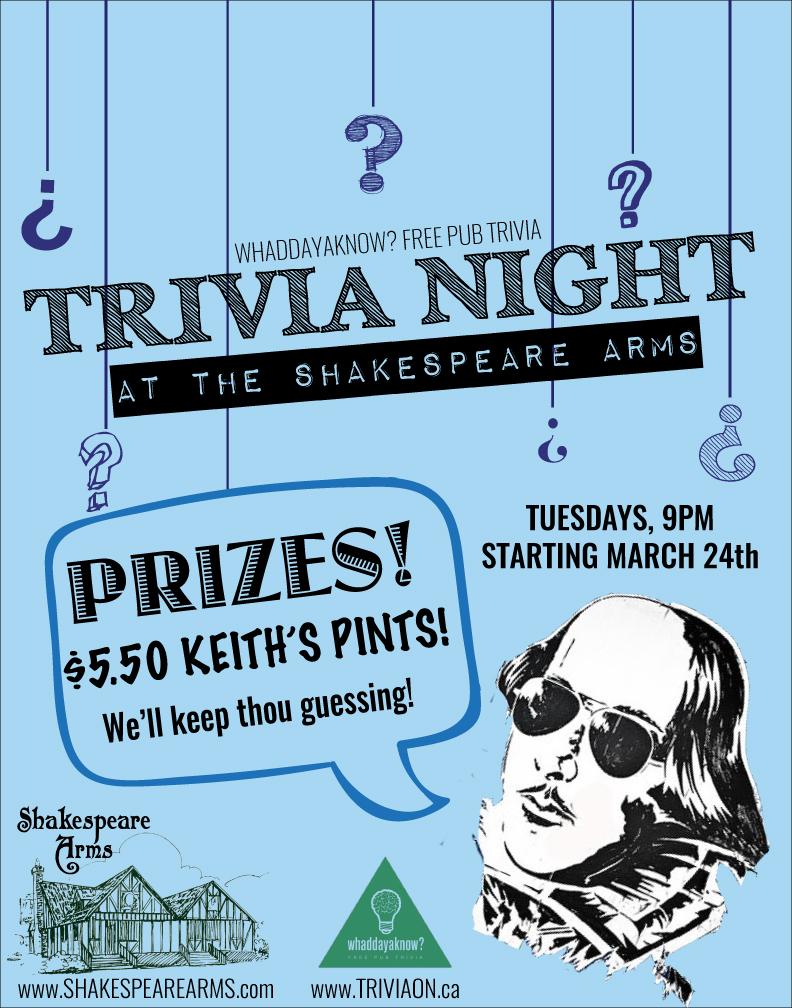 TriviaON's tweet image. "Get thee to #TriviaNight!" - Hamlet. Celebrate #TriviaTuesday with us at @shakesarms in #Guelph!