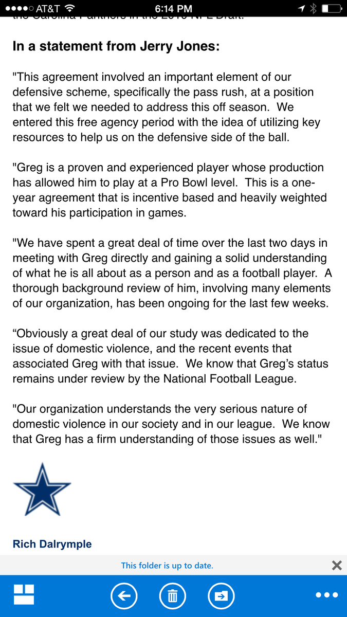 JoeTrahan's tweet photo. Here's the statement from Cowboys owner Jerry Jones on the signing of DE Greg Hardy. #WFAACowboys http://t.co/mjqiWdZ5VJ