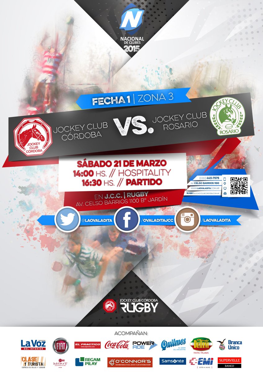 Nacional de Clubes 2015
<a href="/InfoRugbyJcc/">Jockey CC Rugby</a> de Córdoba, recibe a su homónimo de <a href="/RugbyJCR/">Rugby J.C.R.</a> 
bit.ly/1BWZ3MG