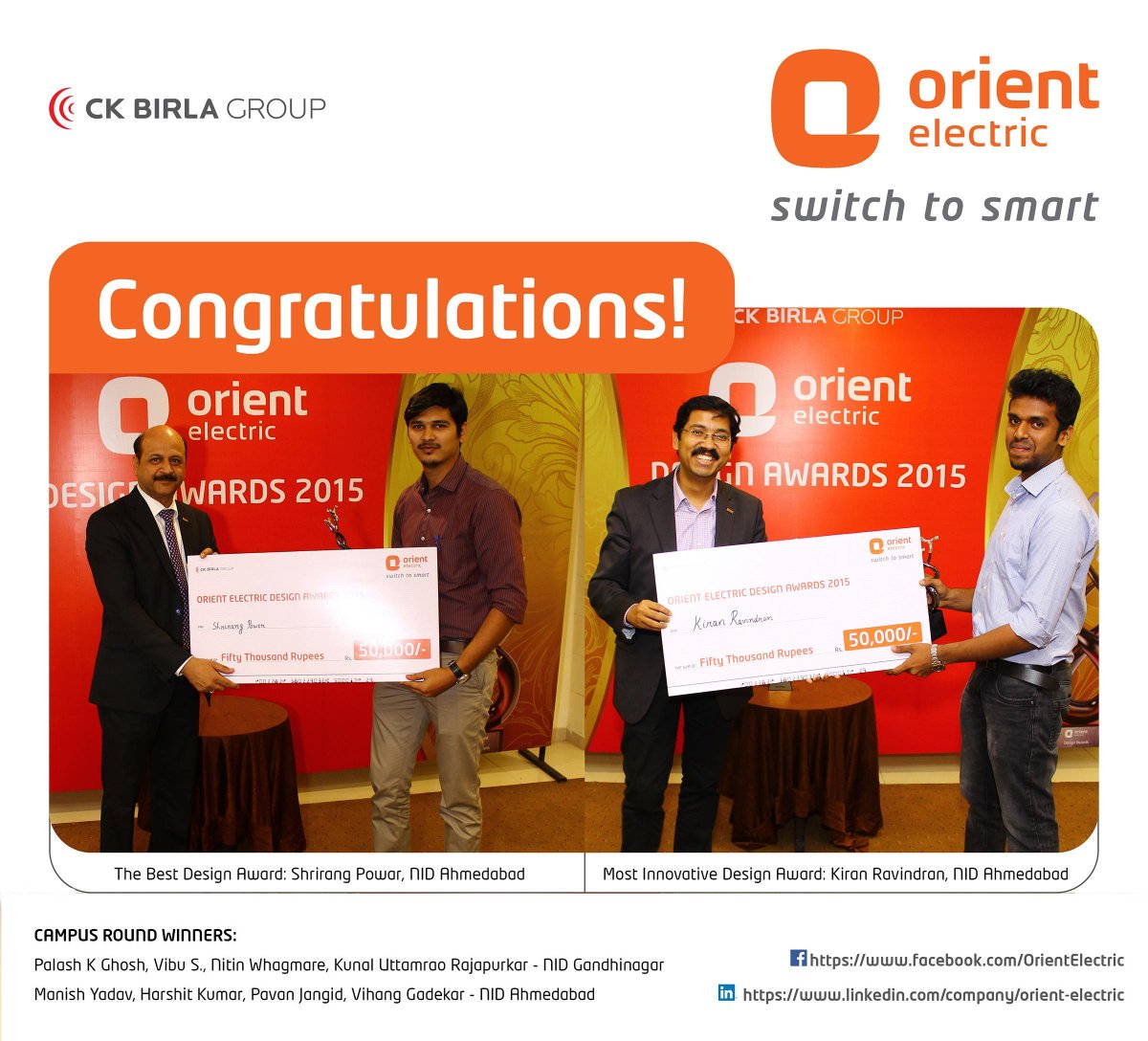 Congratulations Shrirang for the Best Design,Kiran for The most innovative design award Orient Electric Design Awards