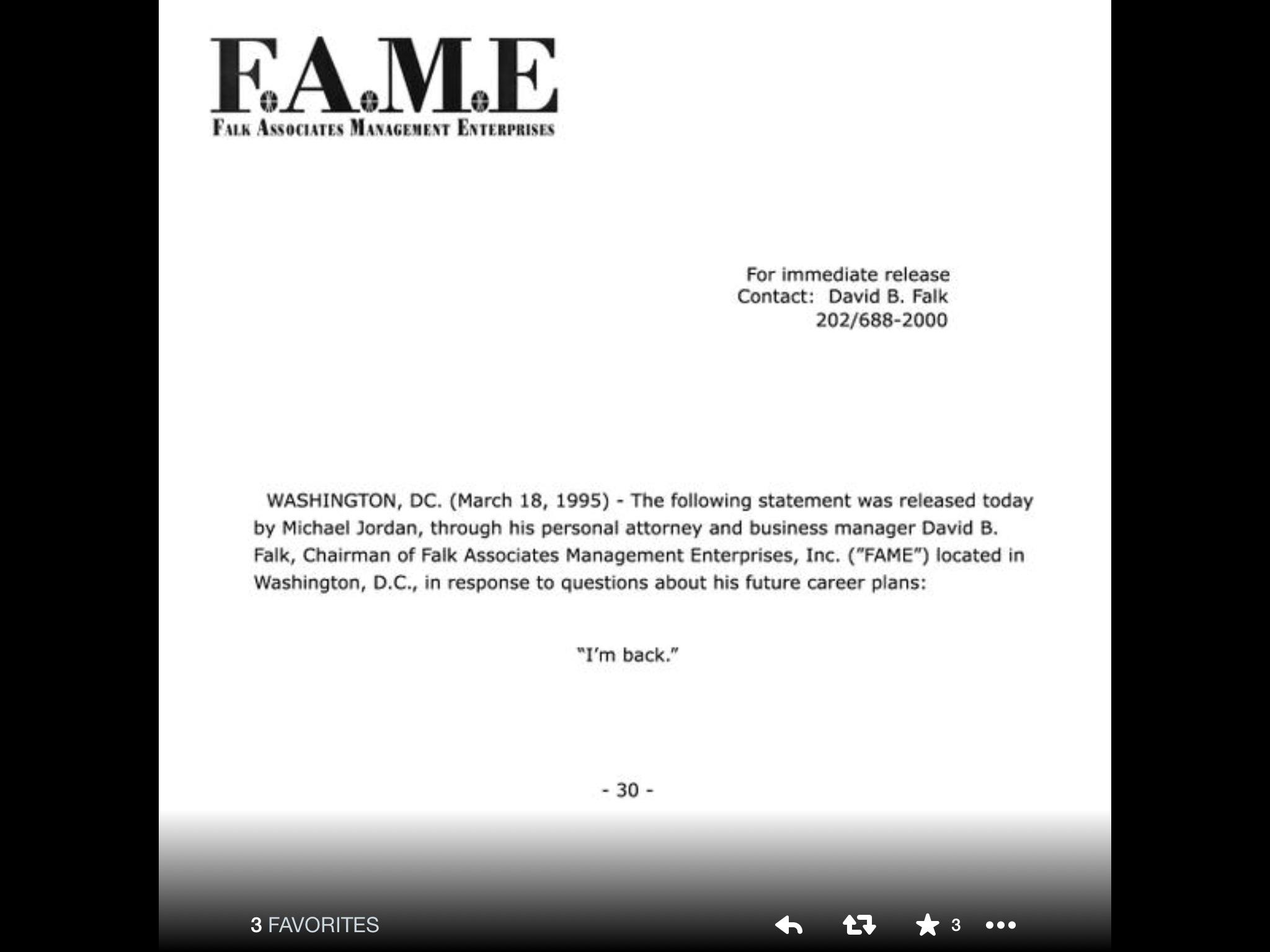 Ann Marie Lipinski on Twitter: "Michael Jordan's back" was a fax to newsrooms. Never were so many words about few. http://t.co/squPjL8EC0" Twitter