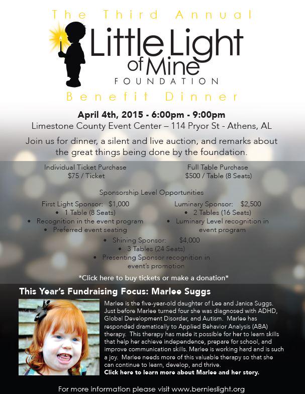 LLOMF's tweet image. Little Light of Mine Event Flyer...Join us for this very good cause on April 4th. #MarleeSuggs #BerniesLight