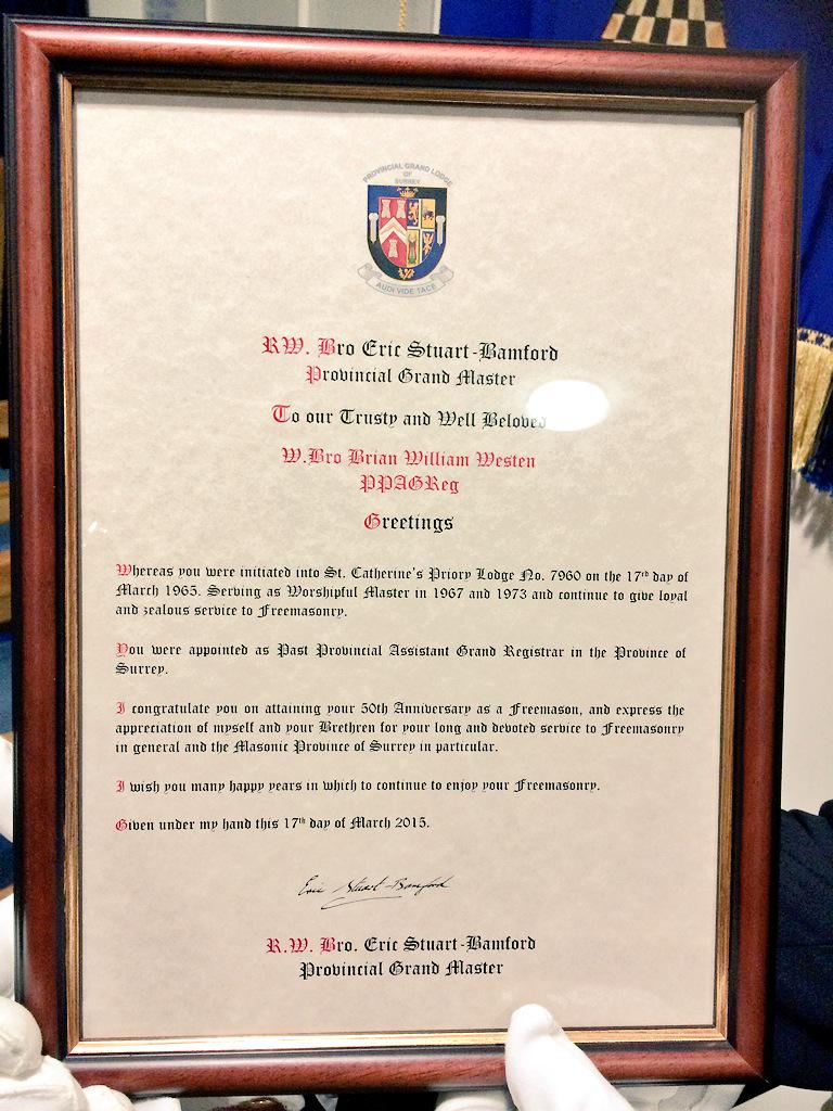 StCatspriory's tweet photo. WB Brian Westen received his certificate for 50 service to Freemasonry last night. Very proud moment (for all). 📜🌞🌝🌎 http://t.co/DALlOMfcmR