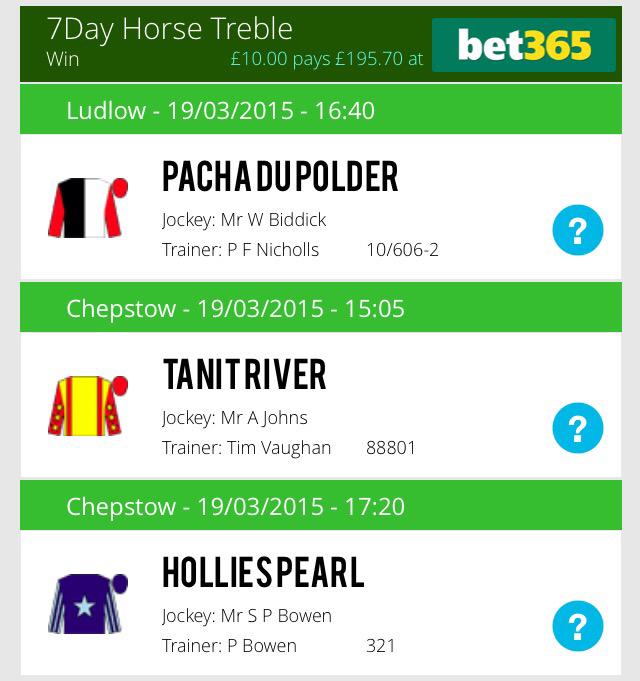 7DayBookieBash's tweet photo. 7Day Horse Treble! 🏇
£10 Returns £195.70p
#7DayTips #HorseRacing #BookieBashing
BET HERE>>http://t.co/xSM1YNx3XE http://t.co/MR7iP5woC4
