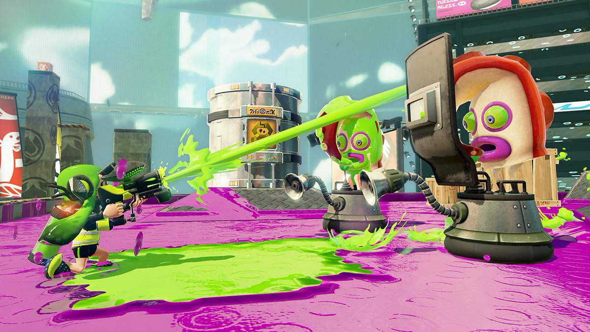 Splatoon スプラトゥーン コイツの名前は タテタコトルーパー 舌を噛みそうな名前だが タコトルーパーがタテを装備したものだそうだ 前からの攻撃は弾き返すので 隠れて背後に回り込んだり 何かで注意を逸らすなど 倒すにはアタマを使う必要が