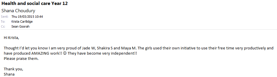 BDAYr12's tweet photo. And finally an email from @BDA_HSC about the efforts of Maya, Jade, Shakira &amp; Mona completing work independently... 👍 http://t.co/BLxcWSEMJ7