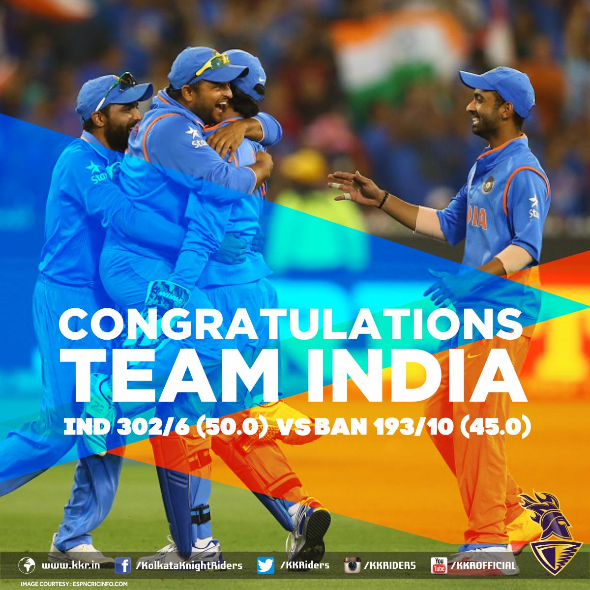 Congratulations Team India on that stellar win. Whatta performance. Yaayyy!! #INDvsBAN #WontGiveItBack #CWC15