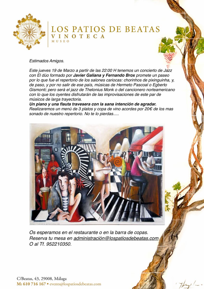 Hoy 19 de Marzo a partir de las 22:00 tenemos concierto de Jazz con el dúo formado por Javier Galiana y Fernando Brox