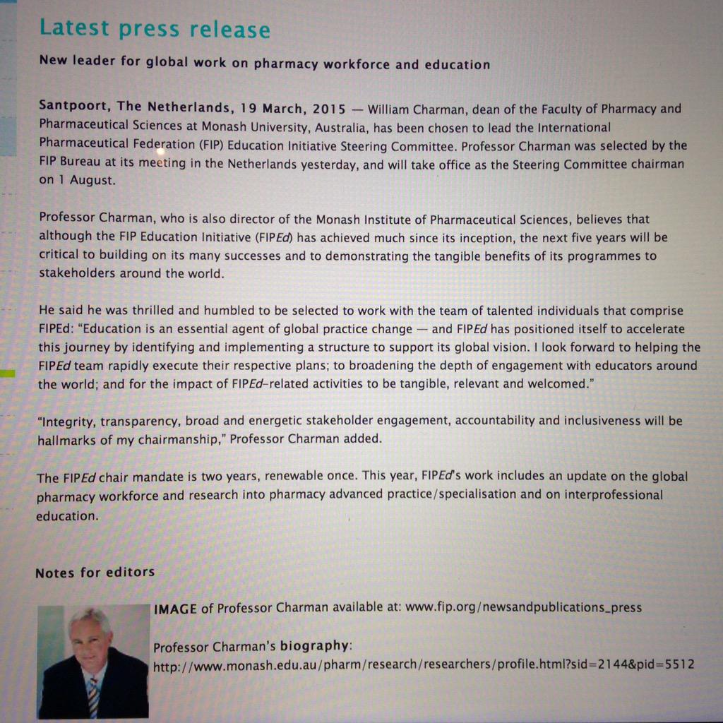 FIPEd's tweet photo. New leader for global work on pharmacy workforce and education. @FIPEduDirector  @MonashFPPS | http://t.co/AXuhMu8g9D http://t.co/YIoWKz9Brp