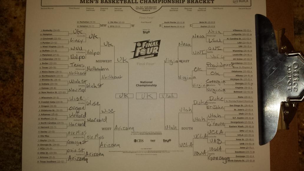 BradenMBall's tweet photo. Filled out my bracket with some help from @Bradleycorn. Go Cats! http://t.co/7CUOib66h2