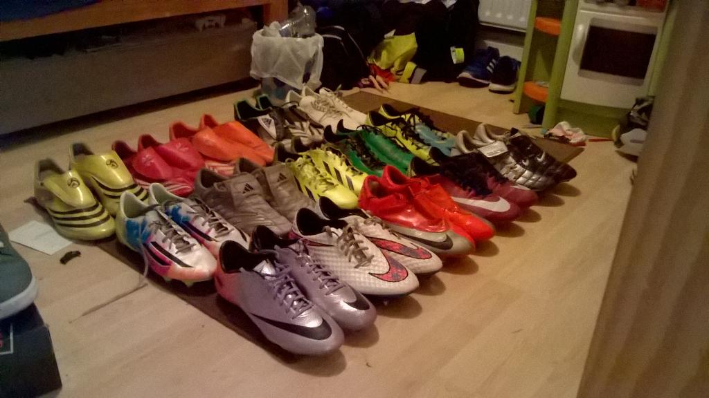IanMoore92's tweet photo. There are one or two pairs missing but these are all the football boots I have.. @nikefootball @adidasfootball http://t.co/7j9jRr97pm