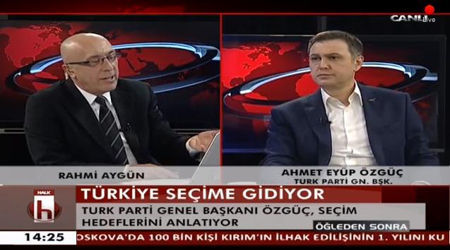 TURKPARTIGENC's tweet photo. TURK PARTİ Genel Başkanı Ahmet Eyüp Özgüç Halk TV'de,  Rahmi Aygün'ün konuğu oldu ve seçim hedeflerini anlattı. http://t.co/9eziEtOJ85