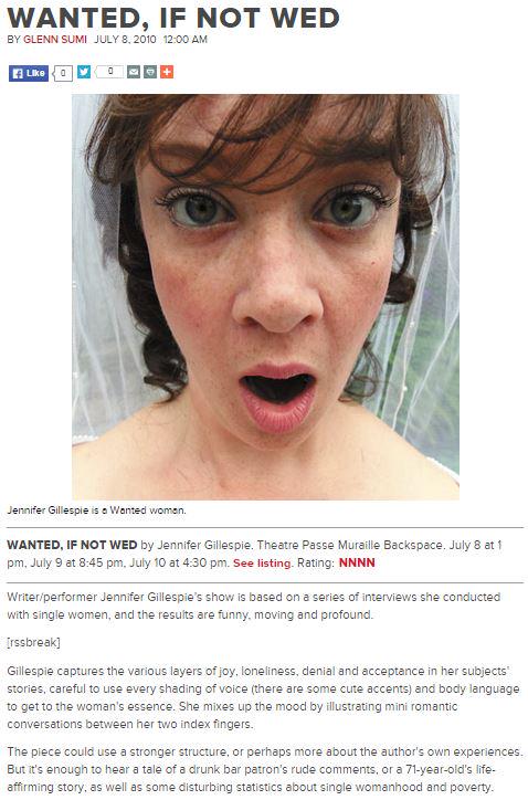 BestOfFringe's tweet photo. #tbt @jennifergillesp's Wanted If Not Wed https://t.co/C4Z8vX63IQ HT @Toronto_Fringe #BOF2010 http://t.co/qI2UCChb1d