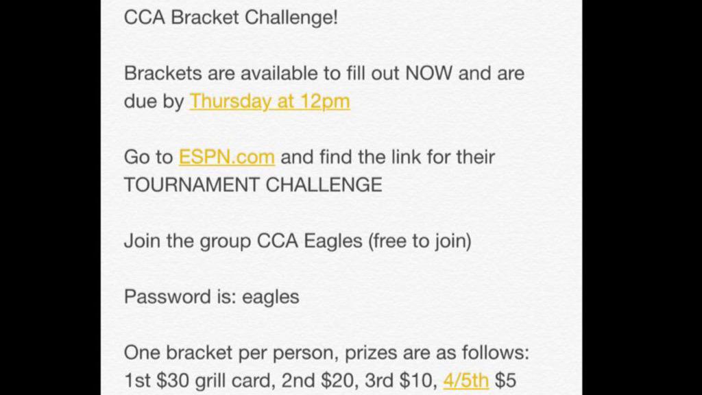CCAStudentLife's tweet photo. T-3 Hours and Counting!!! Get your Brackets in! http://t.co/5cyFyAKzpt
