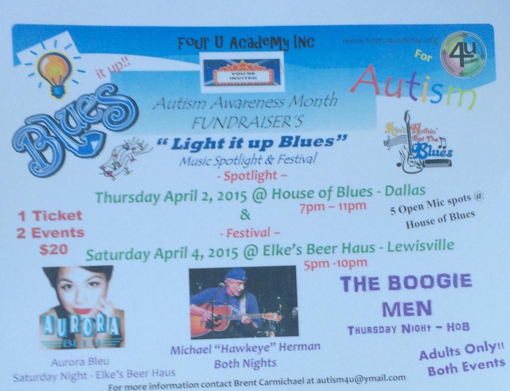 Autism4U's tweet photo. Coming April 2, 2015  autism awareness music Spotlight @ house of blues- Dallas http://t.co/G8ThpjPJ0y