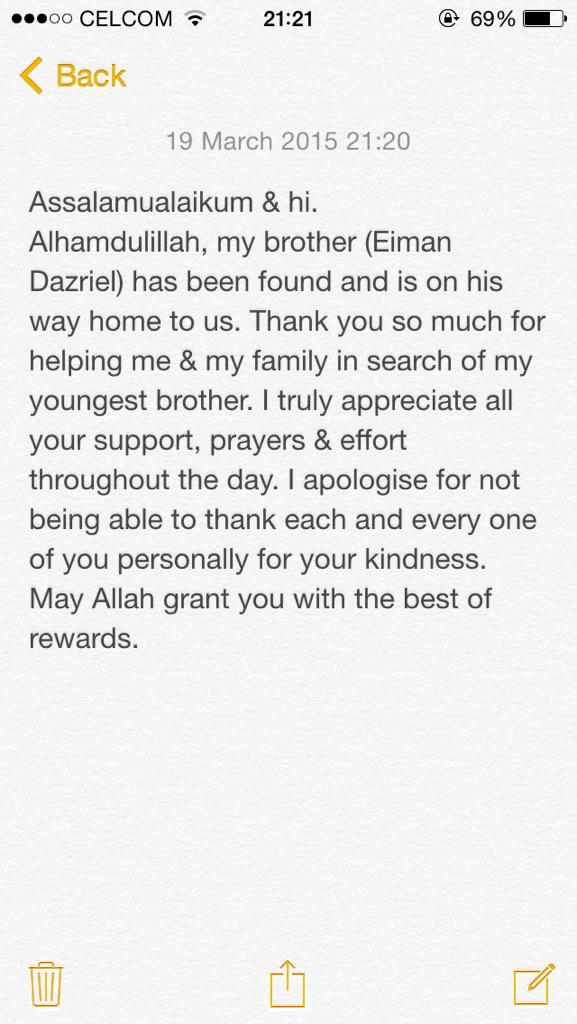 ezurynn's tweet photo. Assalamualaikum &amp; hi, my brother has been found and is on his way home to us. Thank you so much for all your kindness http://t.co/DT0eyXIn11