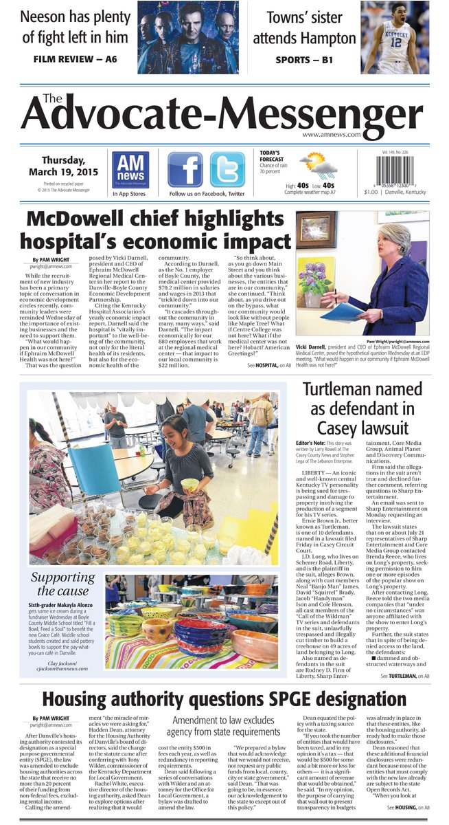 amnewsonline's tweet photo. Today's front page. #DanvilleKY http://t.co/G22fUmchZ0