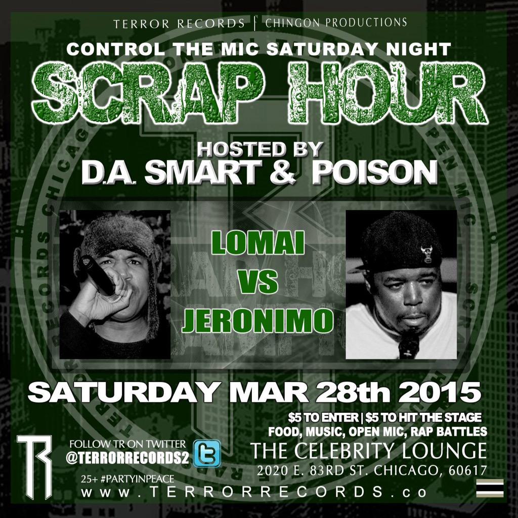 theSouthChic's tweet photo. #ControltheMic #ScrapHour #chicago #BattleRaps #RapBattles HOSTED BY @DASmart12 &amp; Poison LOMAI VS @JeronimoSpeaks http://t.co/yOZBlOsojh