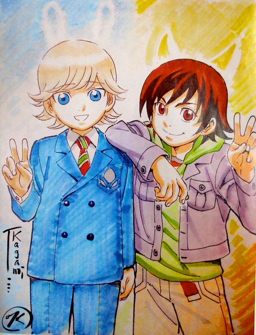 『タイバニ•THE LIVE』第二幕は、二人の子供時代、虎徹とレジェンドの出会いとか◎クソスーツも出して…(^^:)  二人も何処かで出会っていたとか…こんな感じで? タイバニをお薦めしてくれた後輩のるーさんに描いたモノですが…☆ 